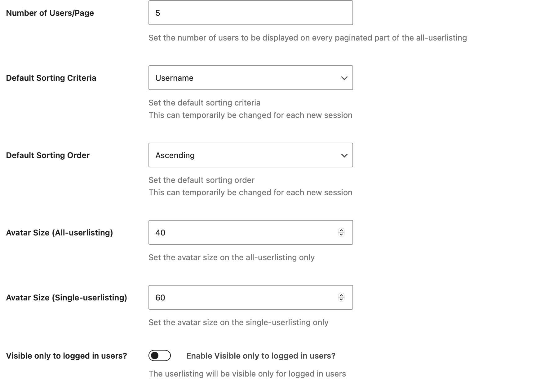 User listing settings