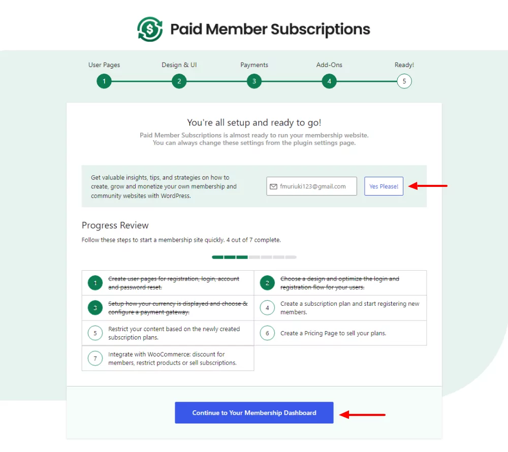 paid member subscription setup wizard final step