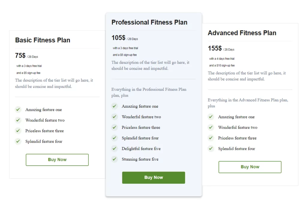 Pricing table preview