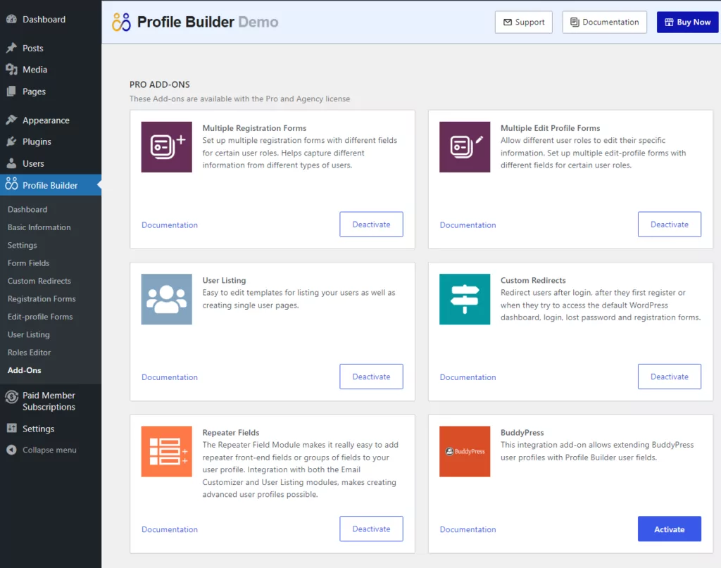 Profile Builder's Demo add-ons