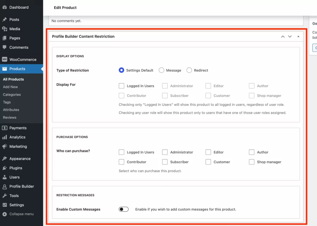 Profile Builder Content Restriction options for a WooCommerce product