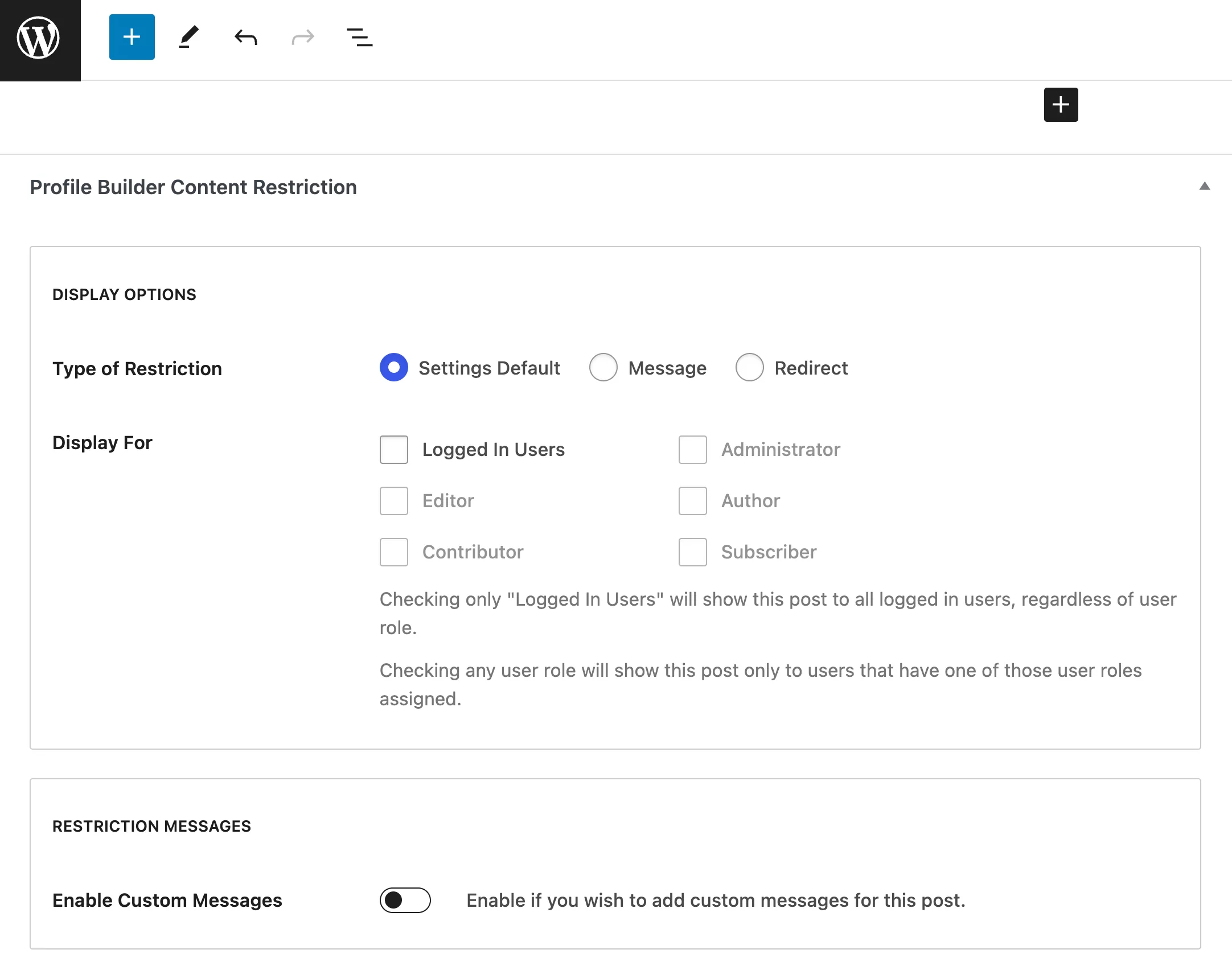 The Profile Builder content restriction box enables you to password protect content in WordPress