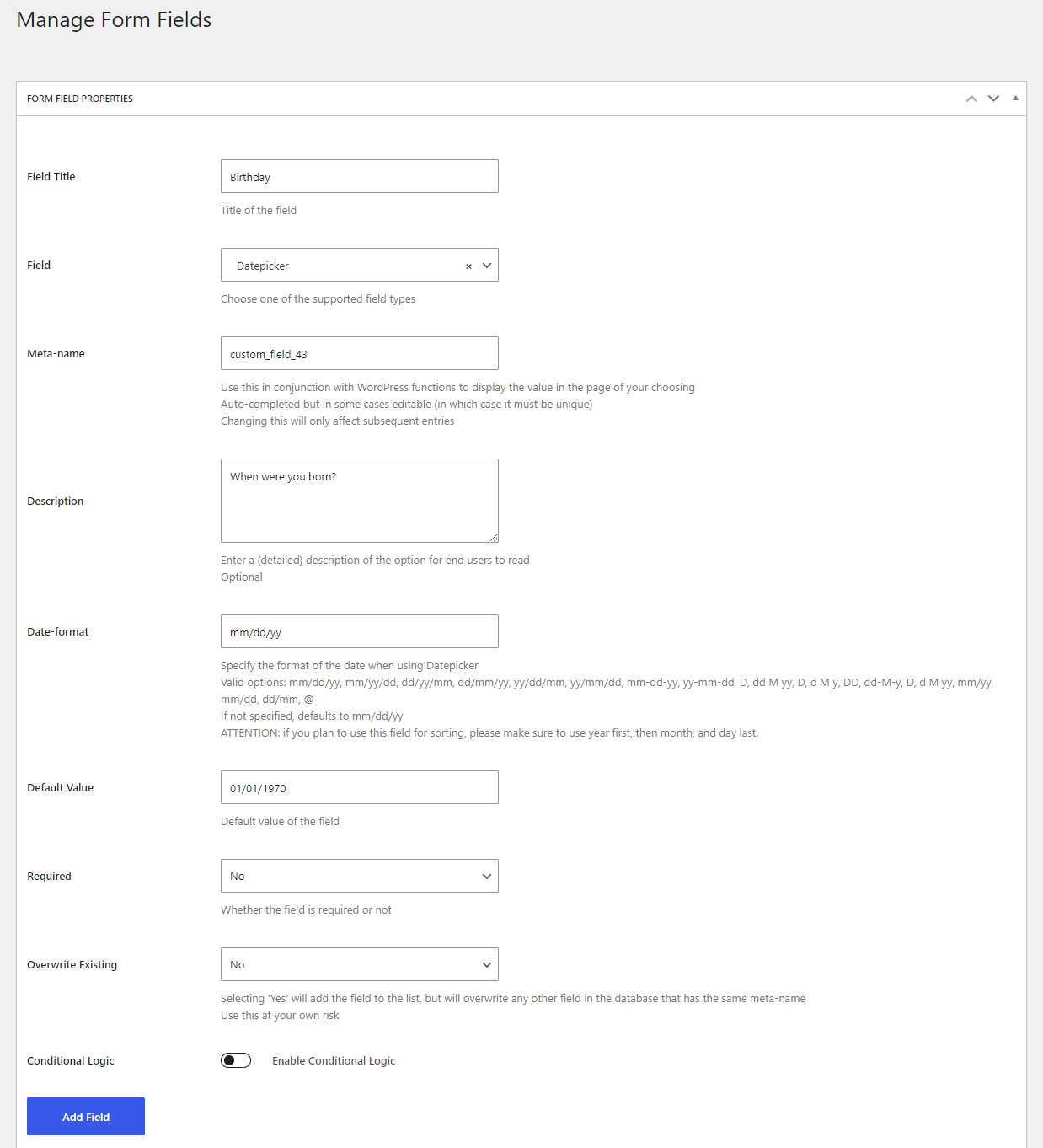 Profile Builder - Datepicker Field Back-End