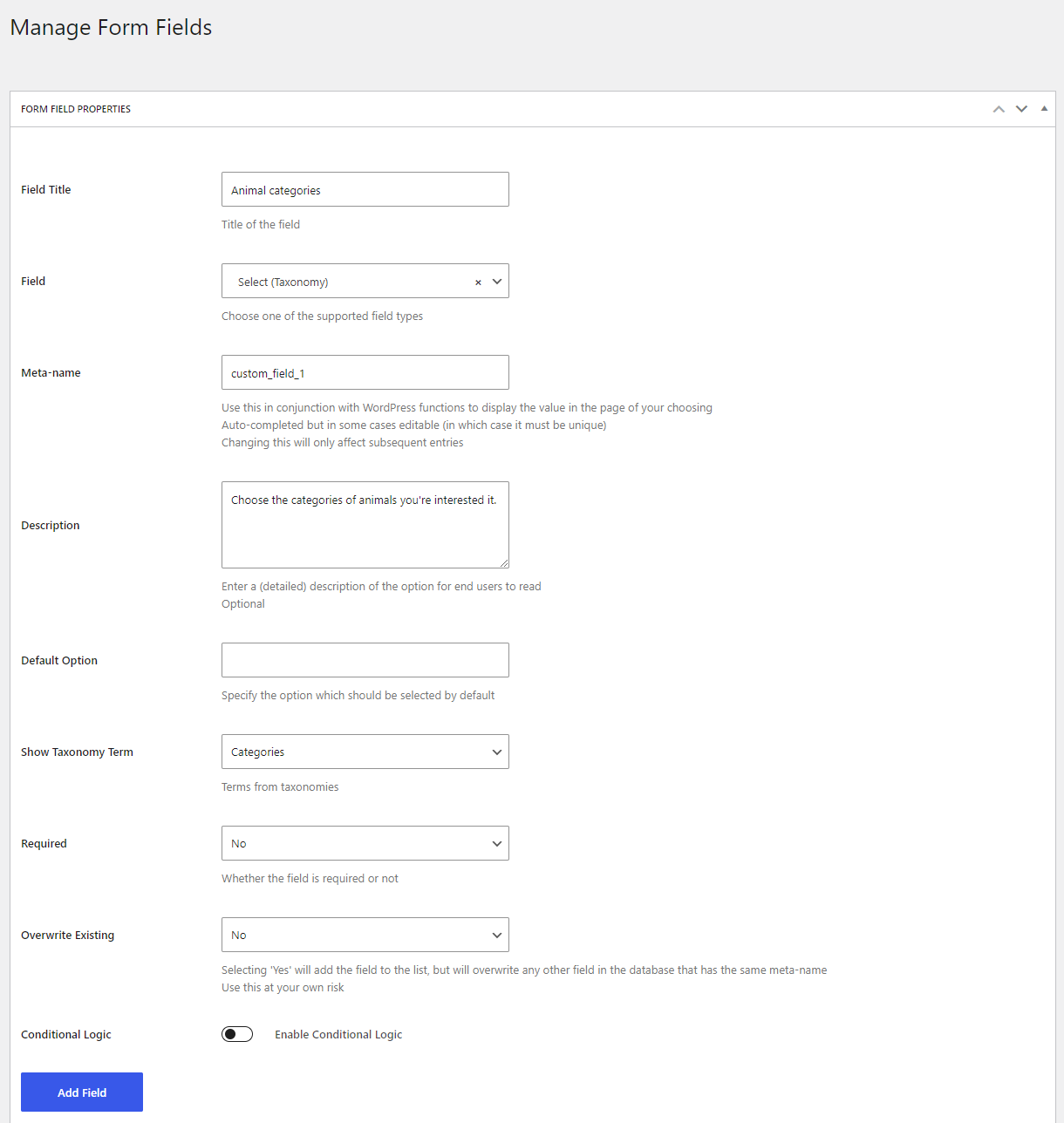 Profile Builder - Select (Taxonomy) Field Back End