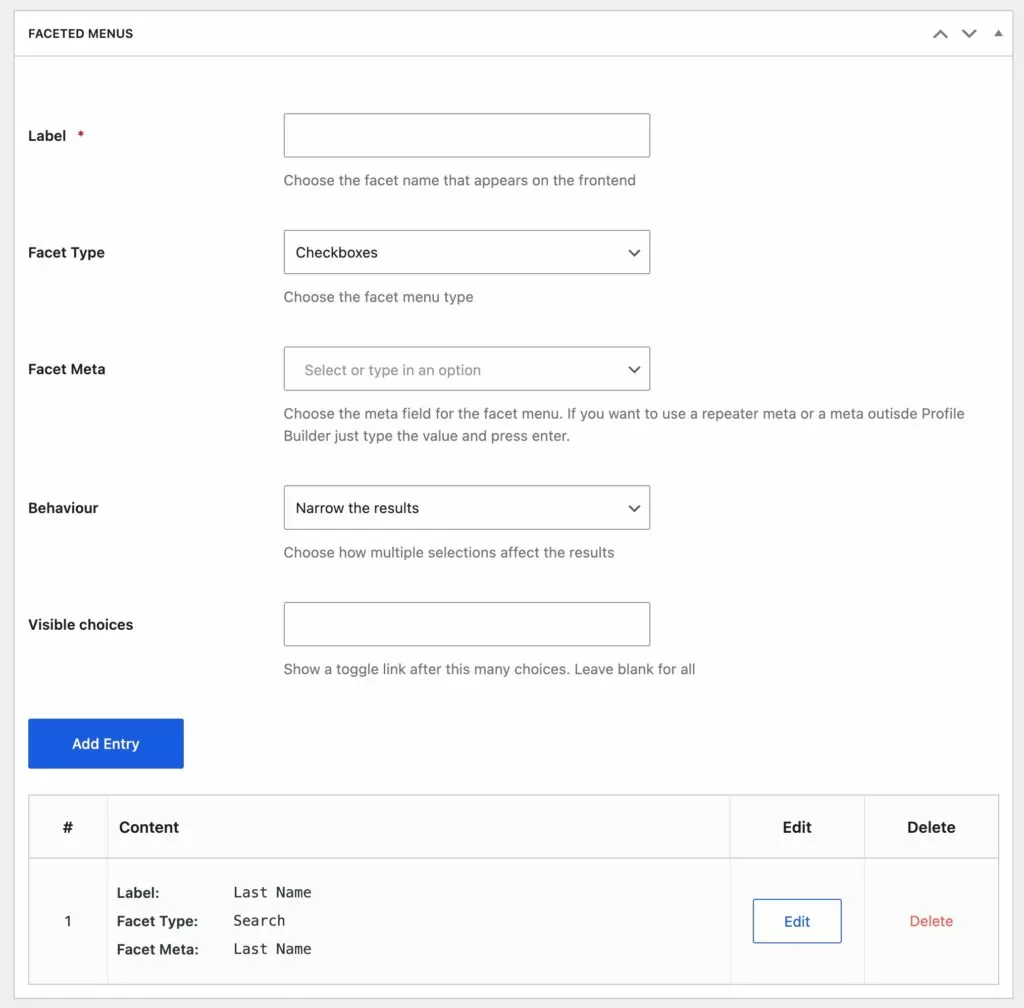 Profile Builder faceted menu builder