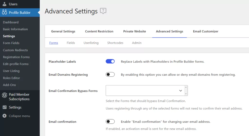 Profile Builder advanced settings