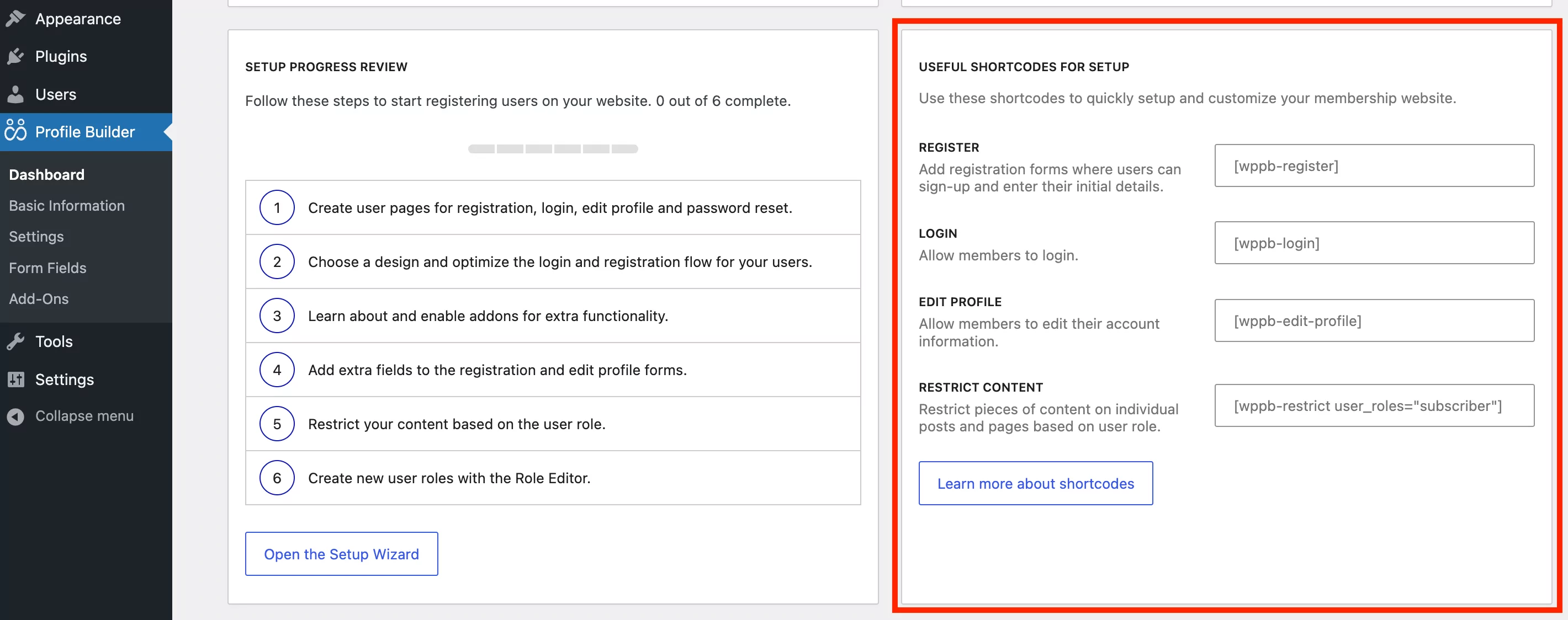 Profile Builder's useful shortcodes for setup