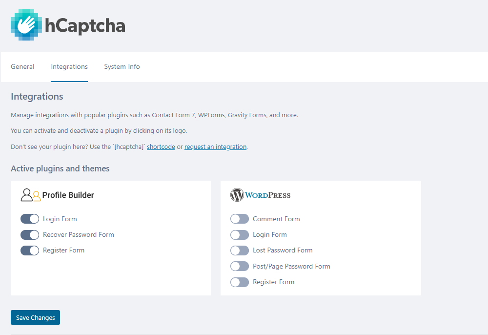 hCatpcha Profile Builder settings