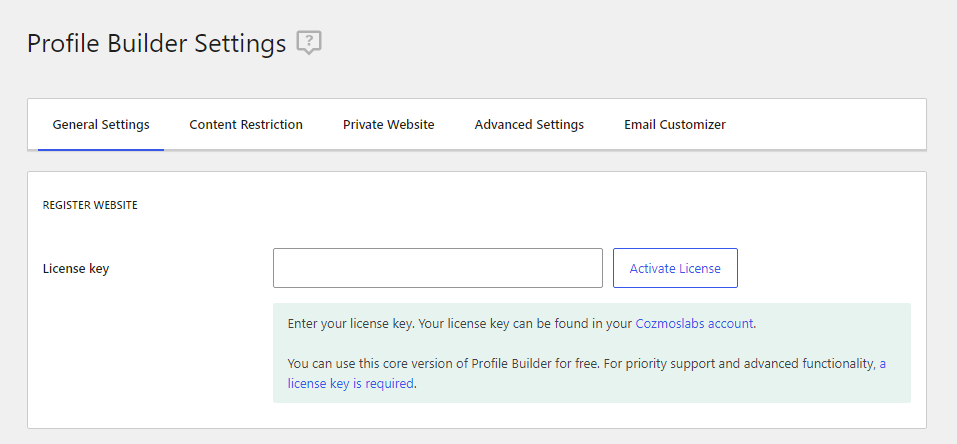 Profile Builder license registration page