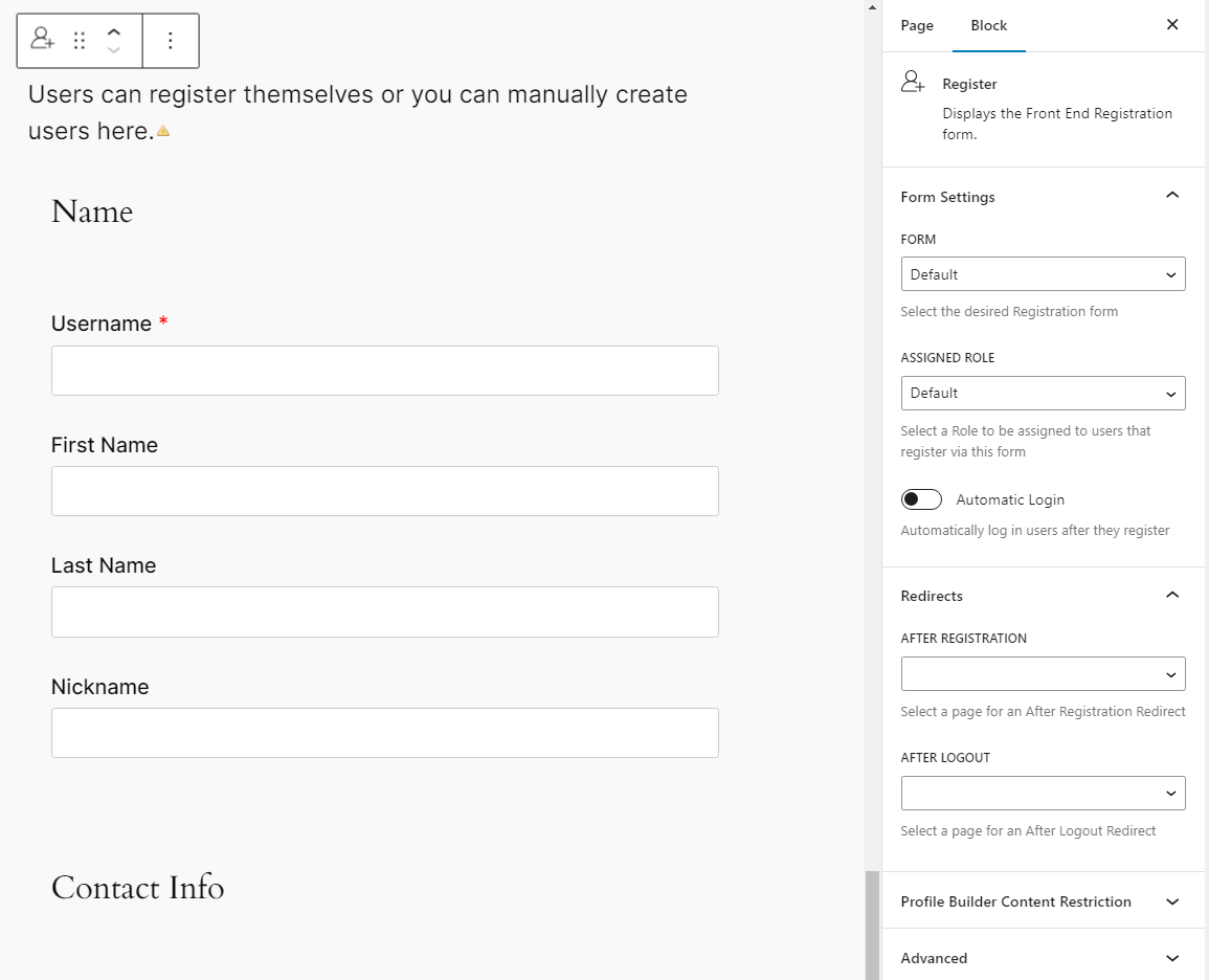 Adding a registration block using the Block Editor