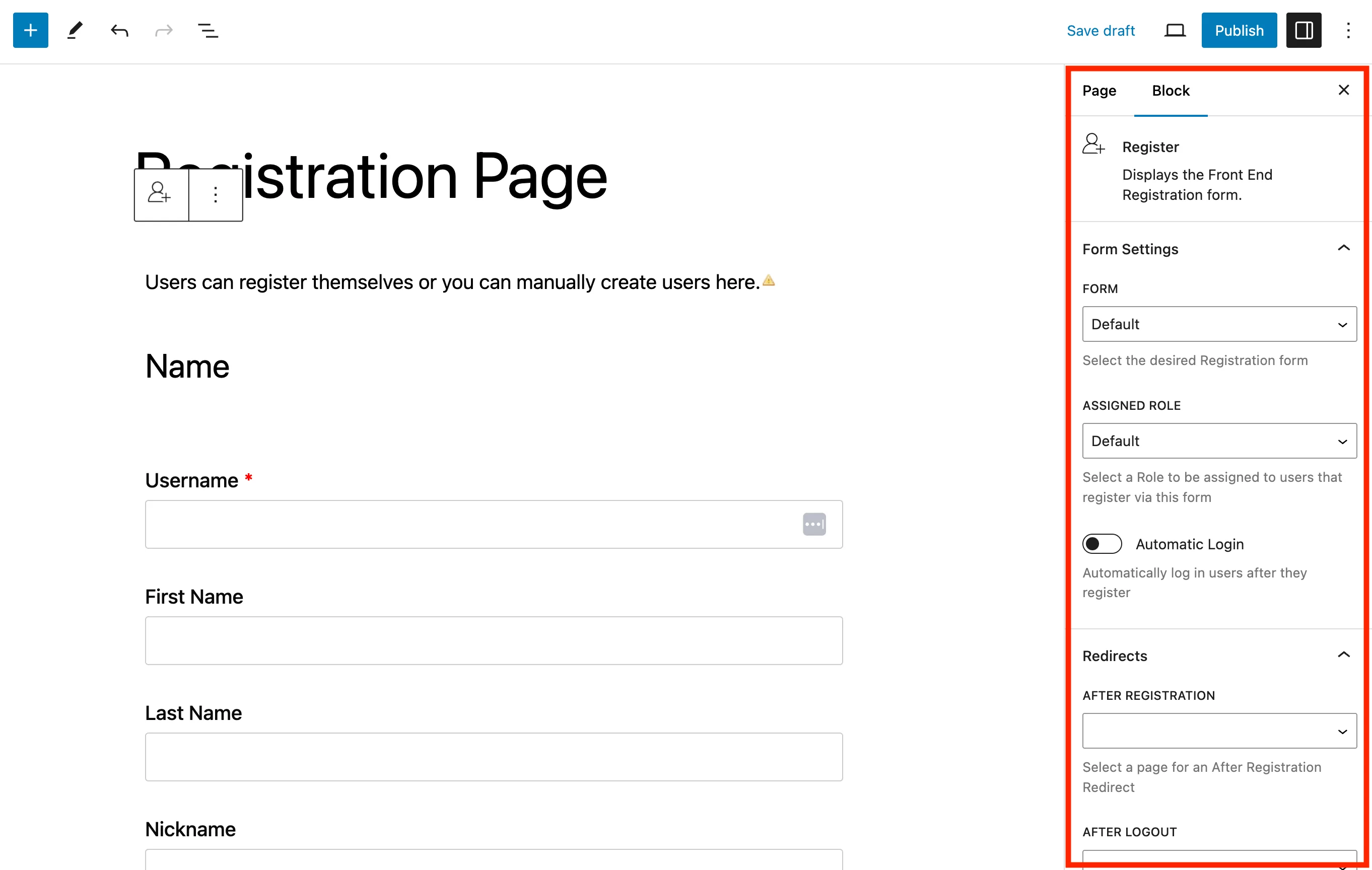 Register block settings