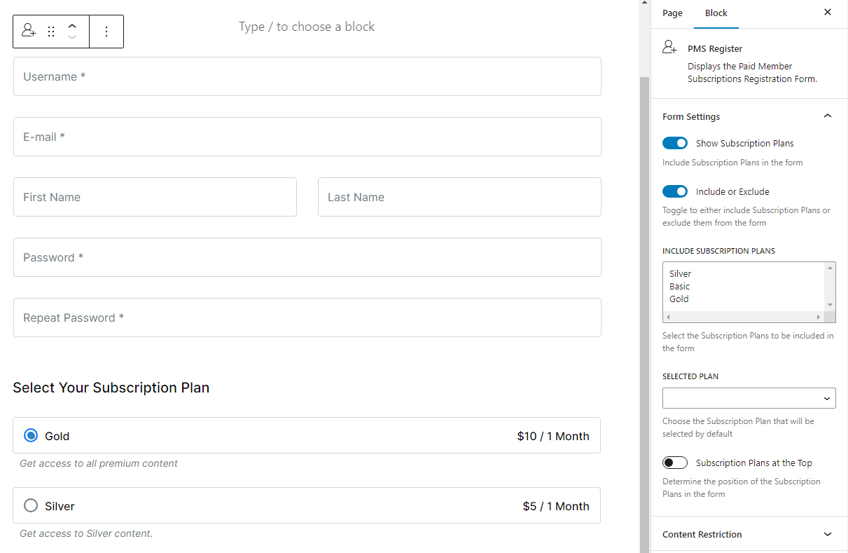 A Paid Member Subscriptions registration form