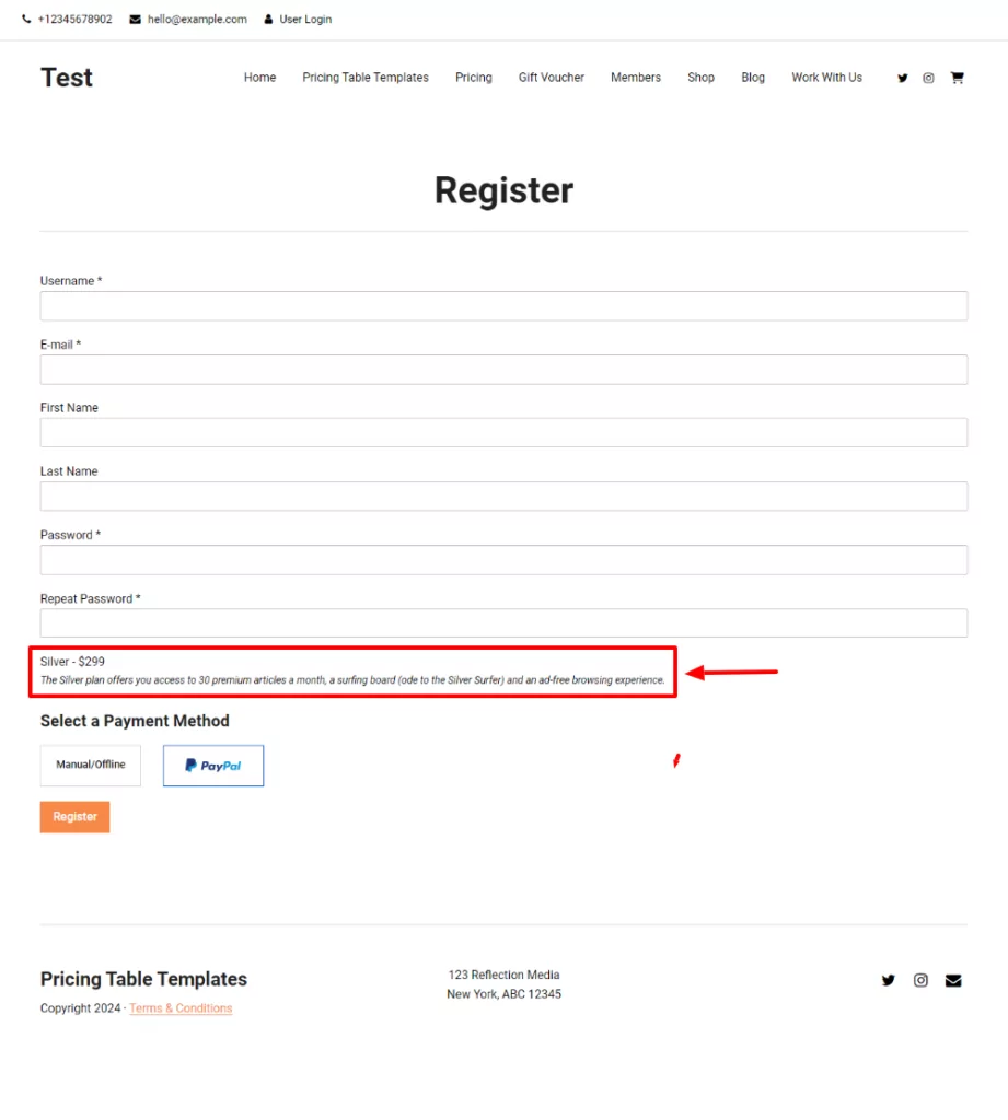 paid member subscriptions registration page