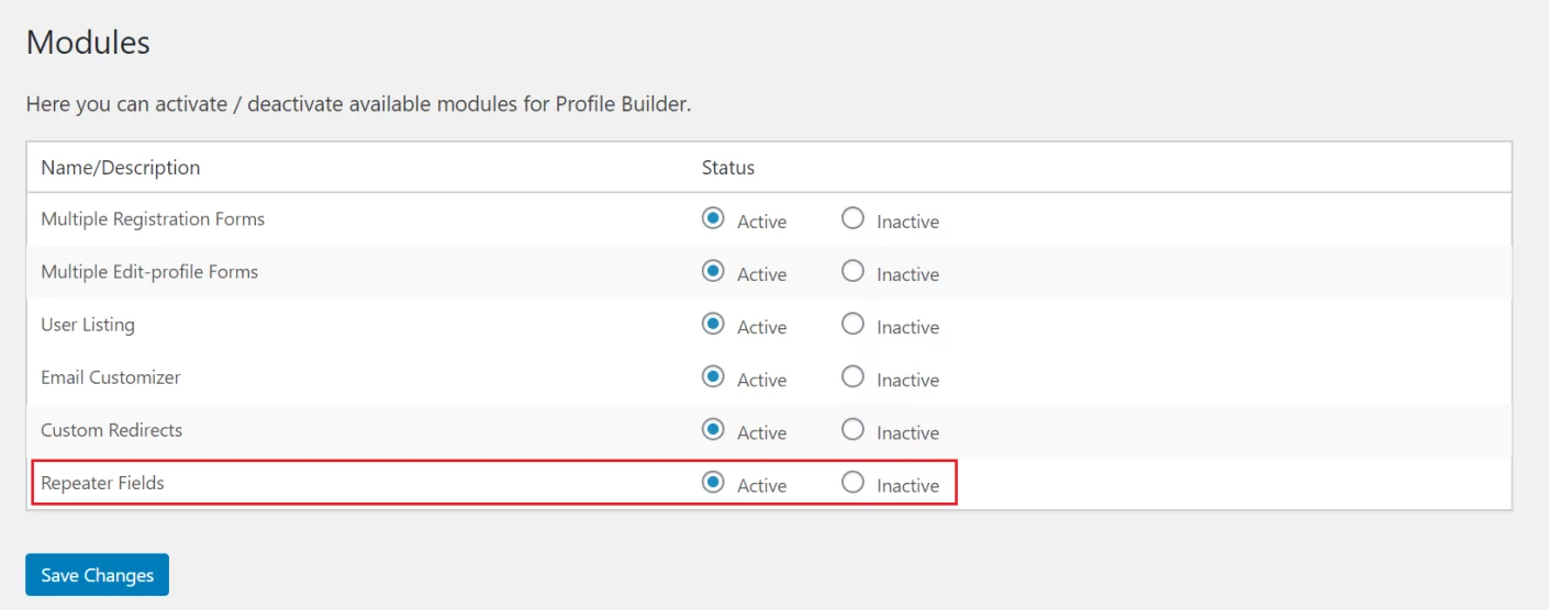 Activate repeater fields module