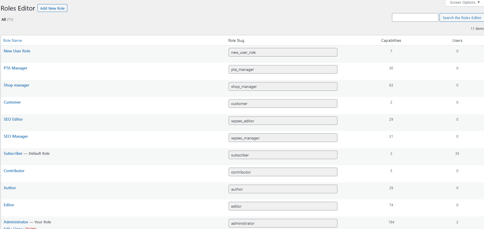 All user roles in Role Editor