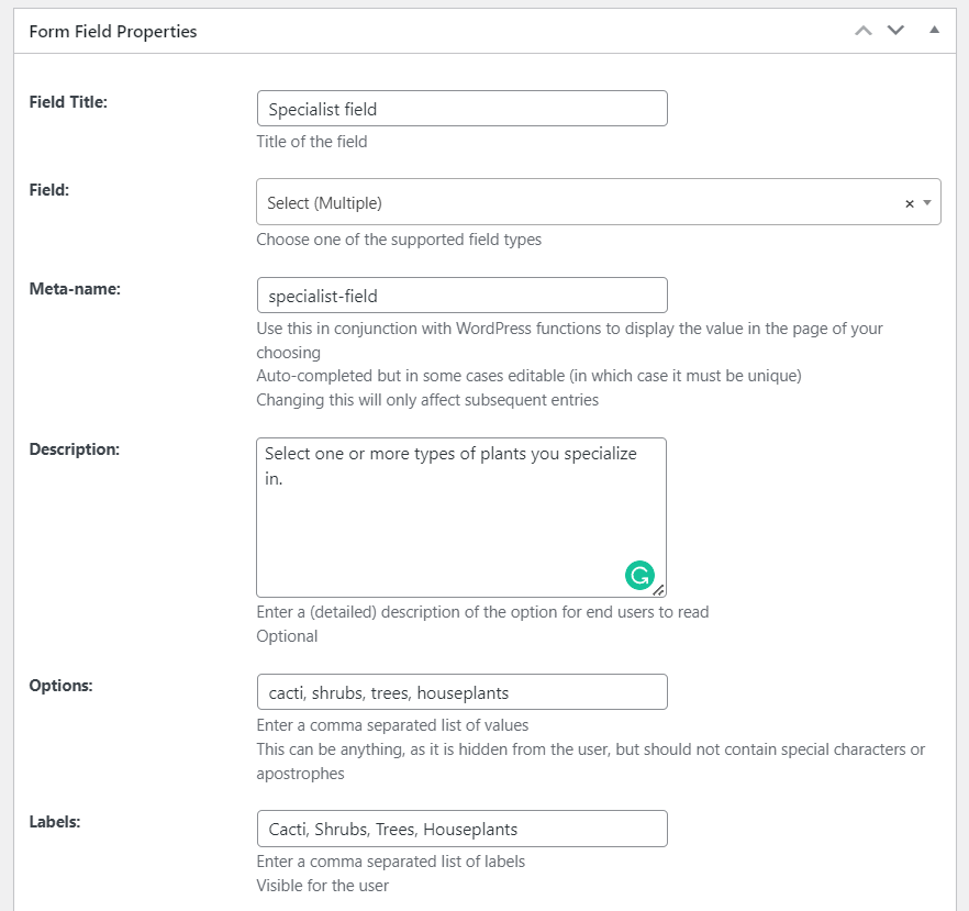 Image 5 shows the newly added Field title 'Specialist Field', choosing the Select field type, and adding a few Options. 