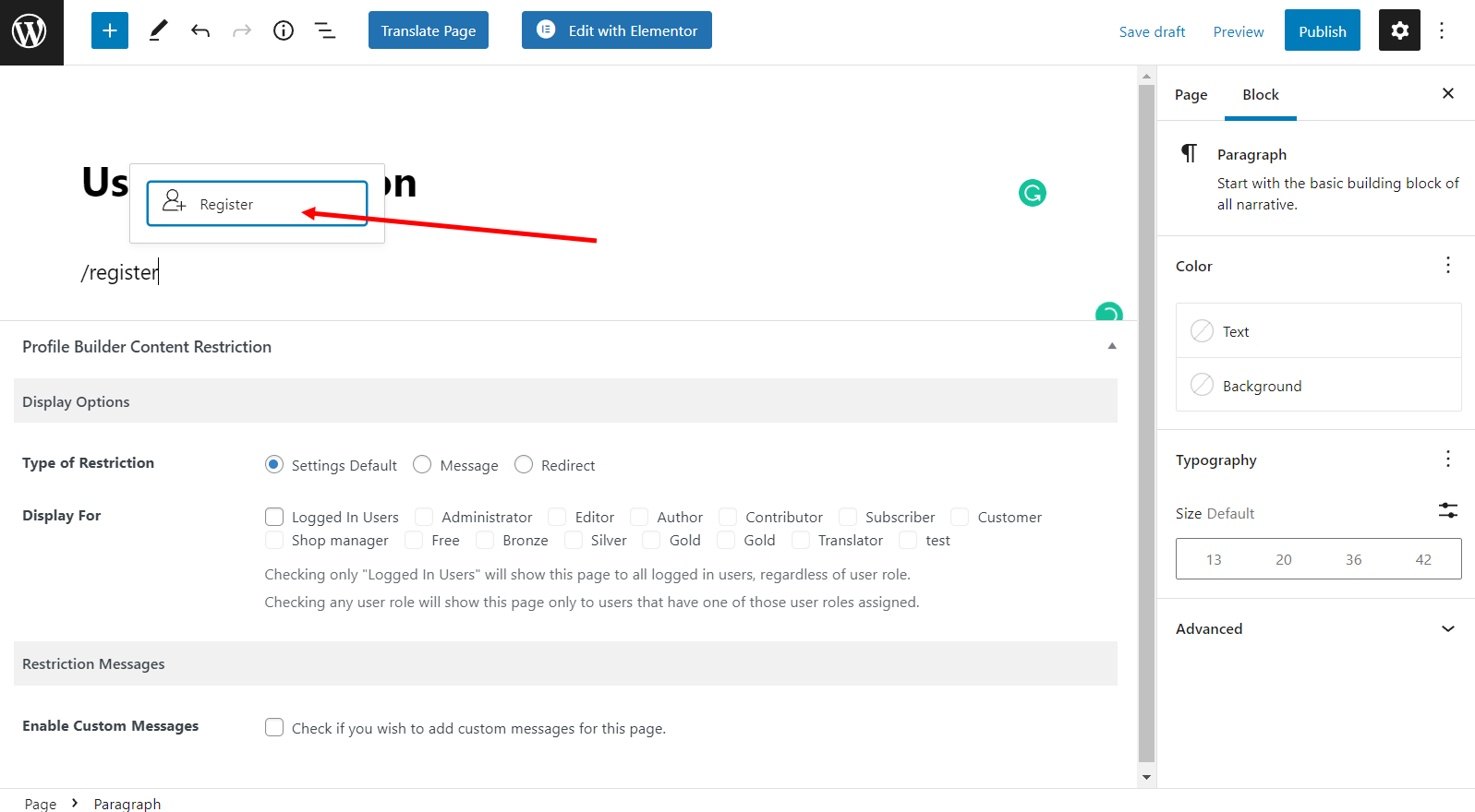 User registration form block in the Gutenberg editor