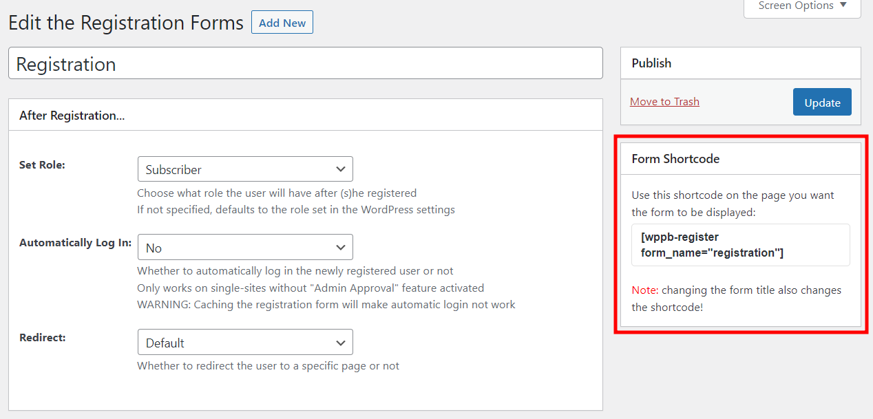 Registration form shortcode