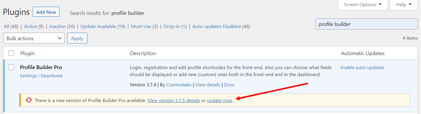 Updating the premium Profile Builder plugin