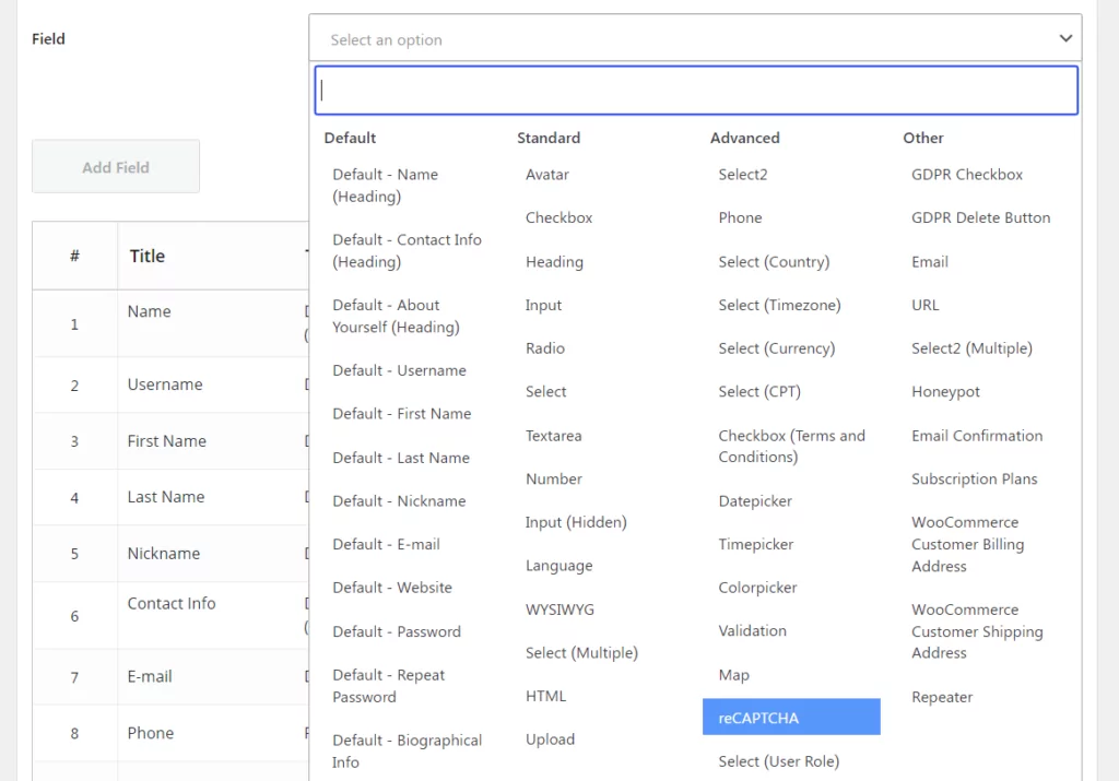 selecting the Recaptcha option