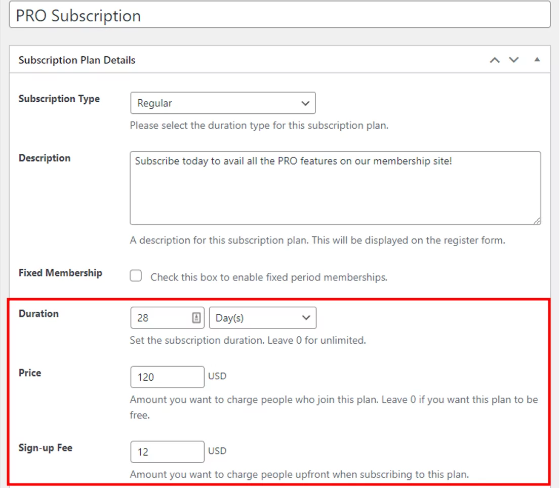 Adding subscription plan details