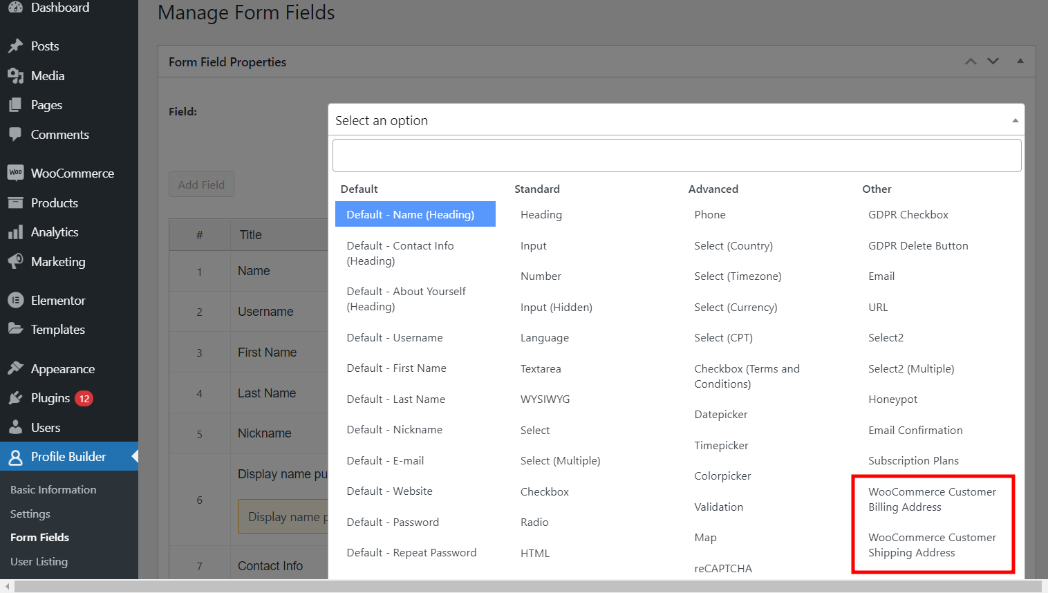 Posts Builder Field Properties WooCommerce Billing