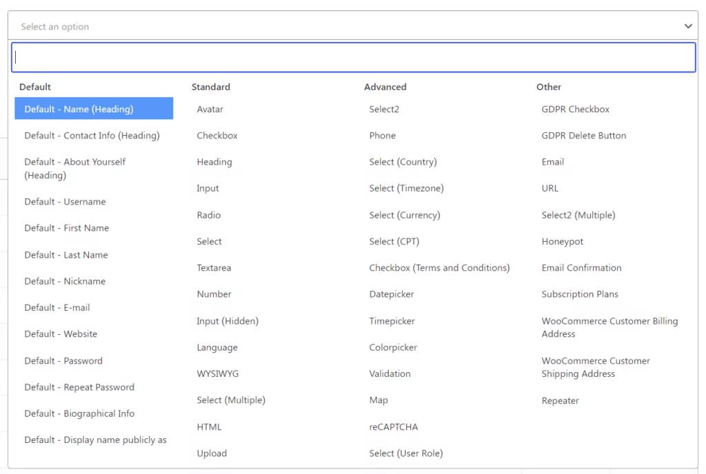 Profile Builder Pro custom fields