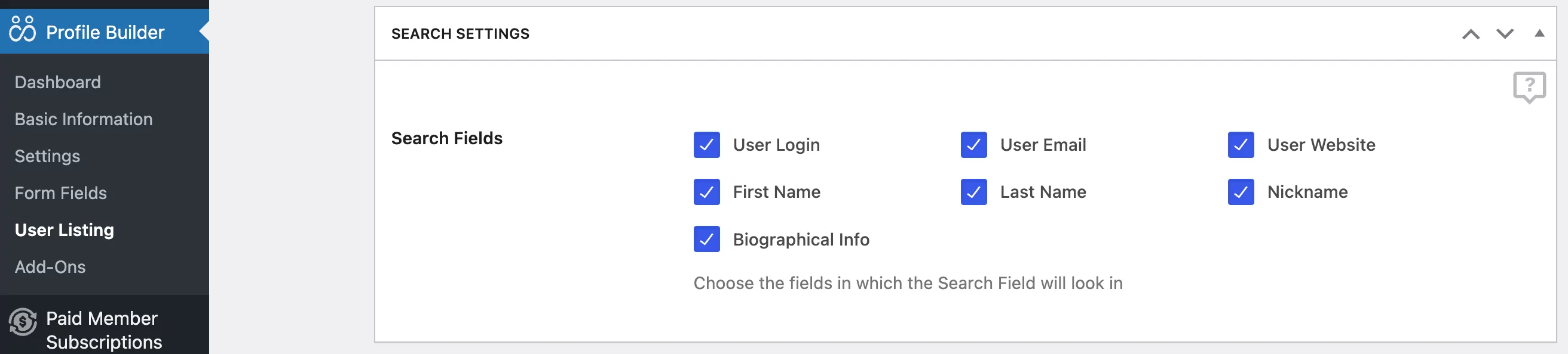 Search settings for a WordPress business directory built with Profile Builder Pro