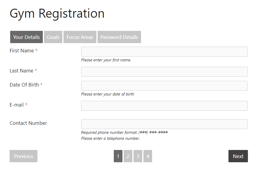 Section one of a WordPress Multi-step form