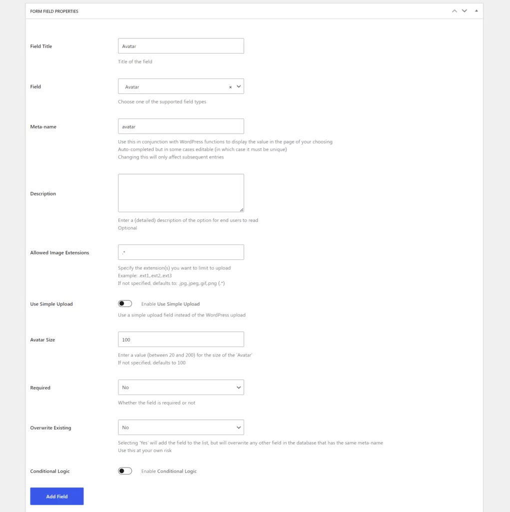 Add new avatar field to the front-end registration form