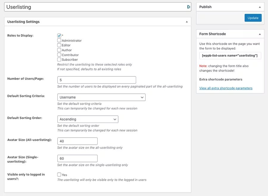 Setting up user listing settings