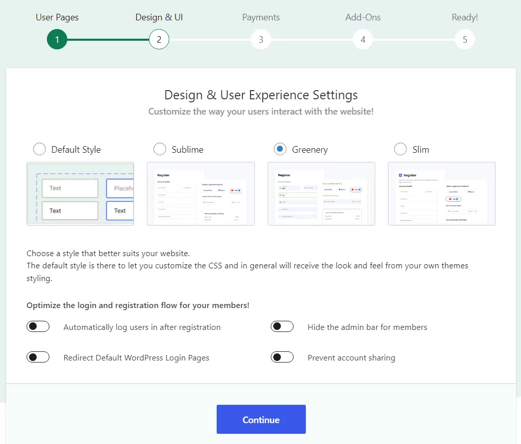 Selecting a style for Paid Member Subscription forms and configuring login and registration behavior