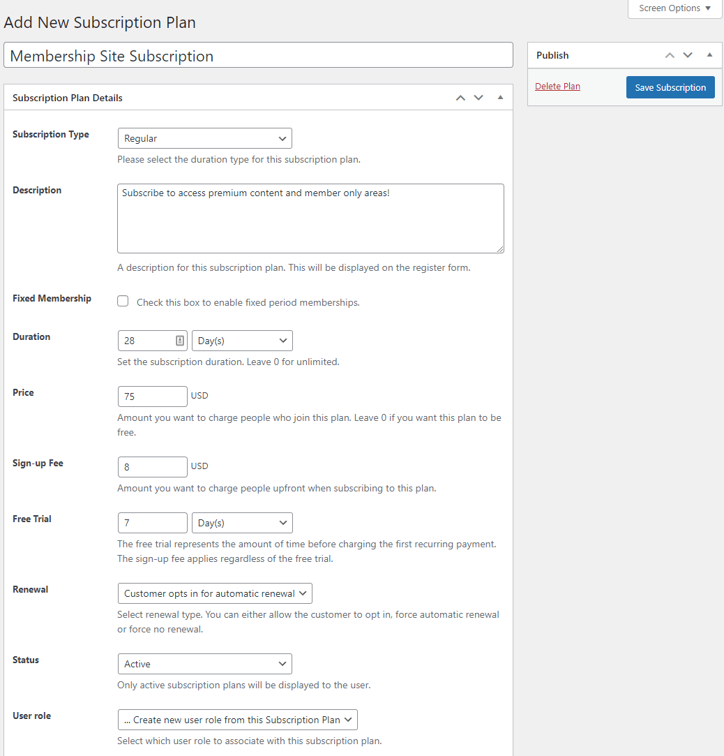 Subscription plan details