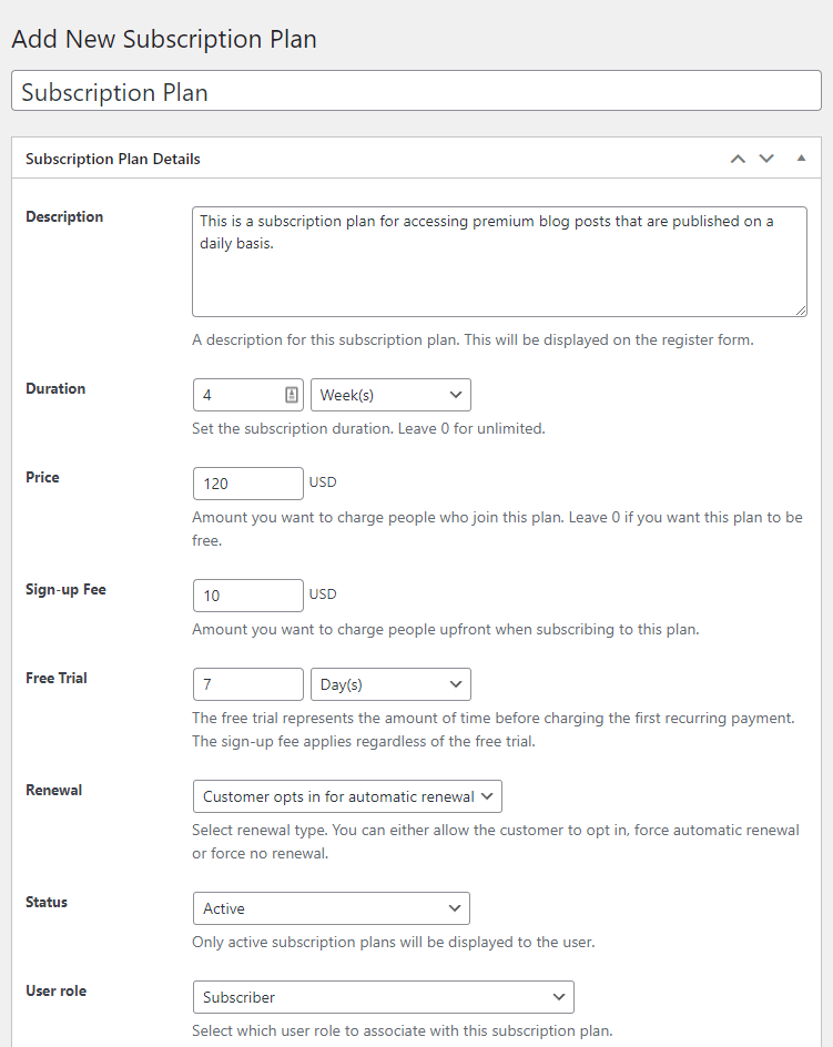 Subscription plan details