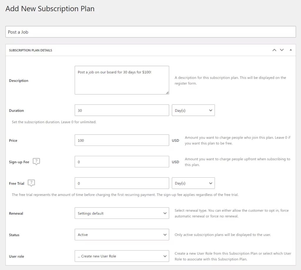 Subscription plan for job board entry