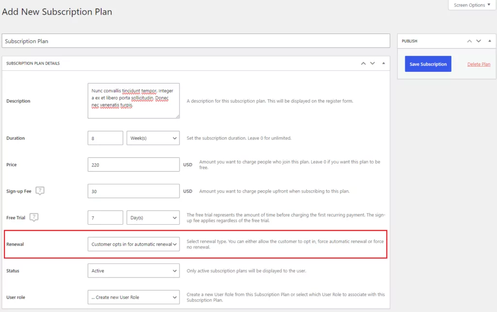 Subscription renewal options