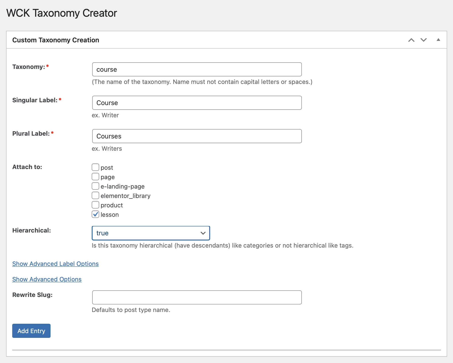 Creating custom taxonomy for course