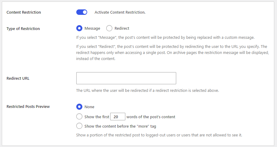 WordPress Restrict Page Access to Logged In Users settings