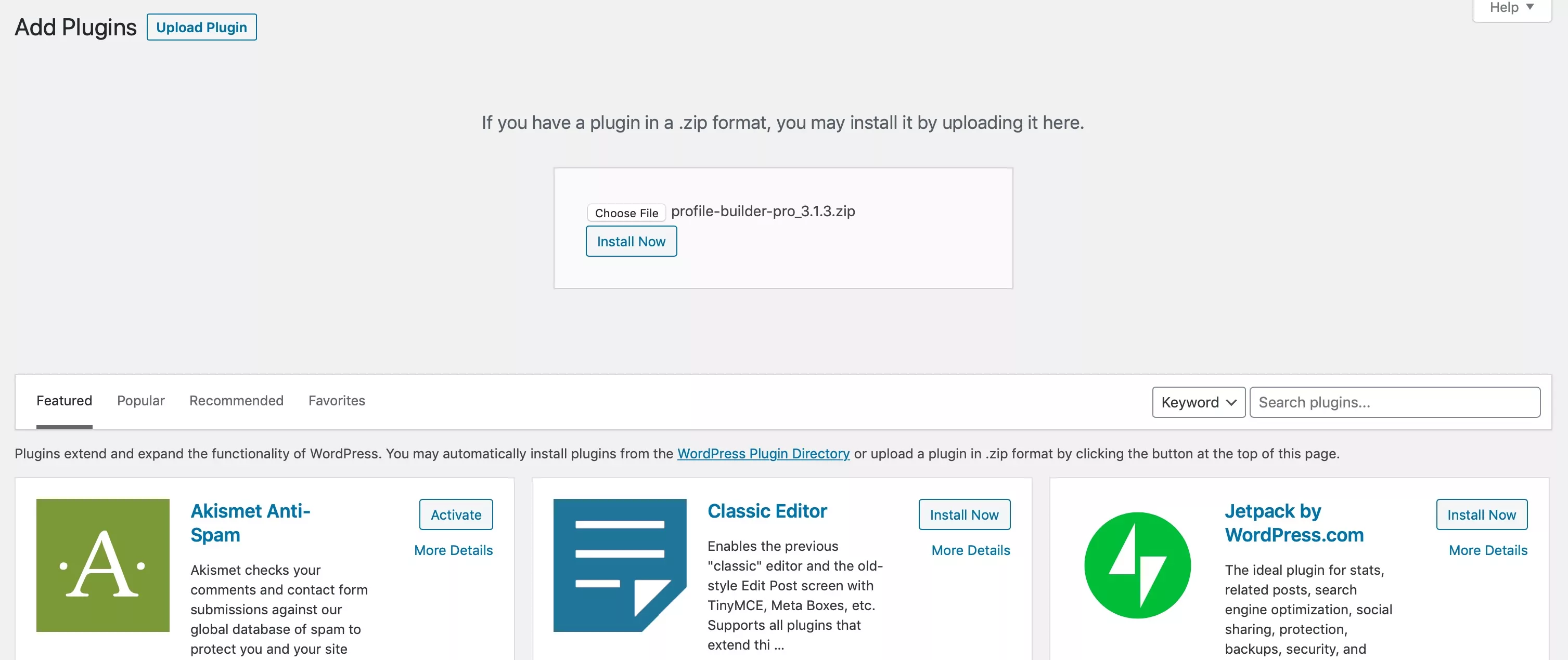 upload plugin screen in WordPress