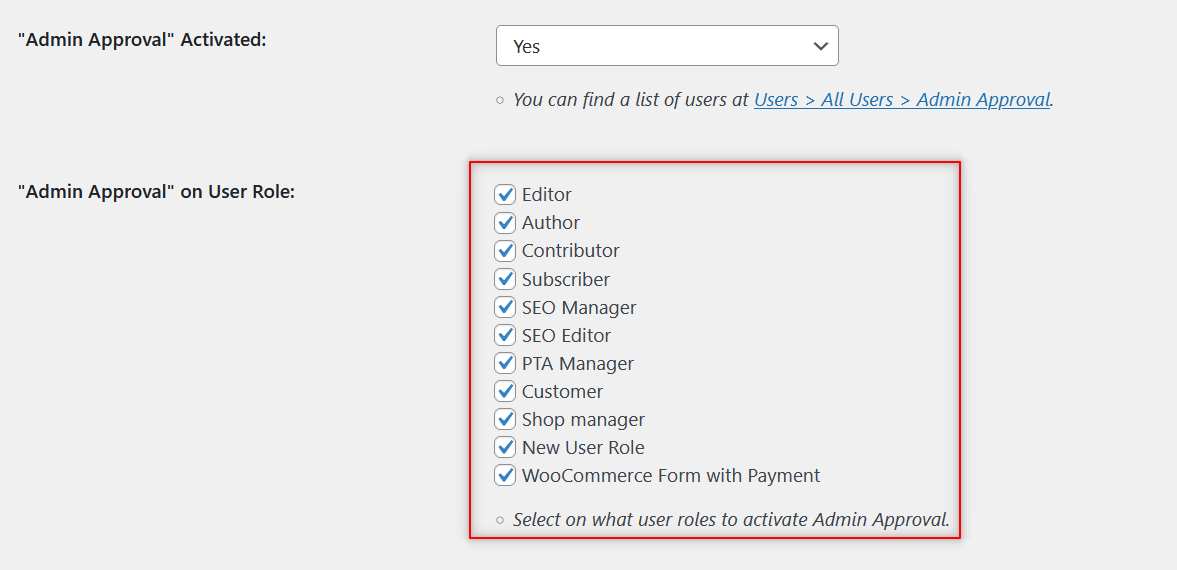 User role based user approval