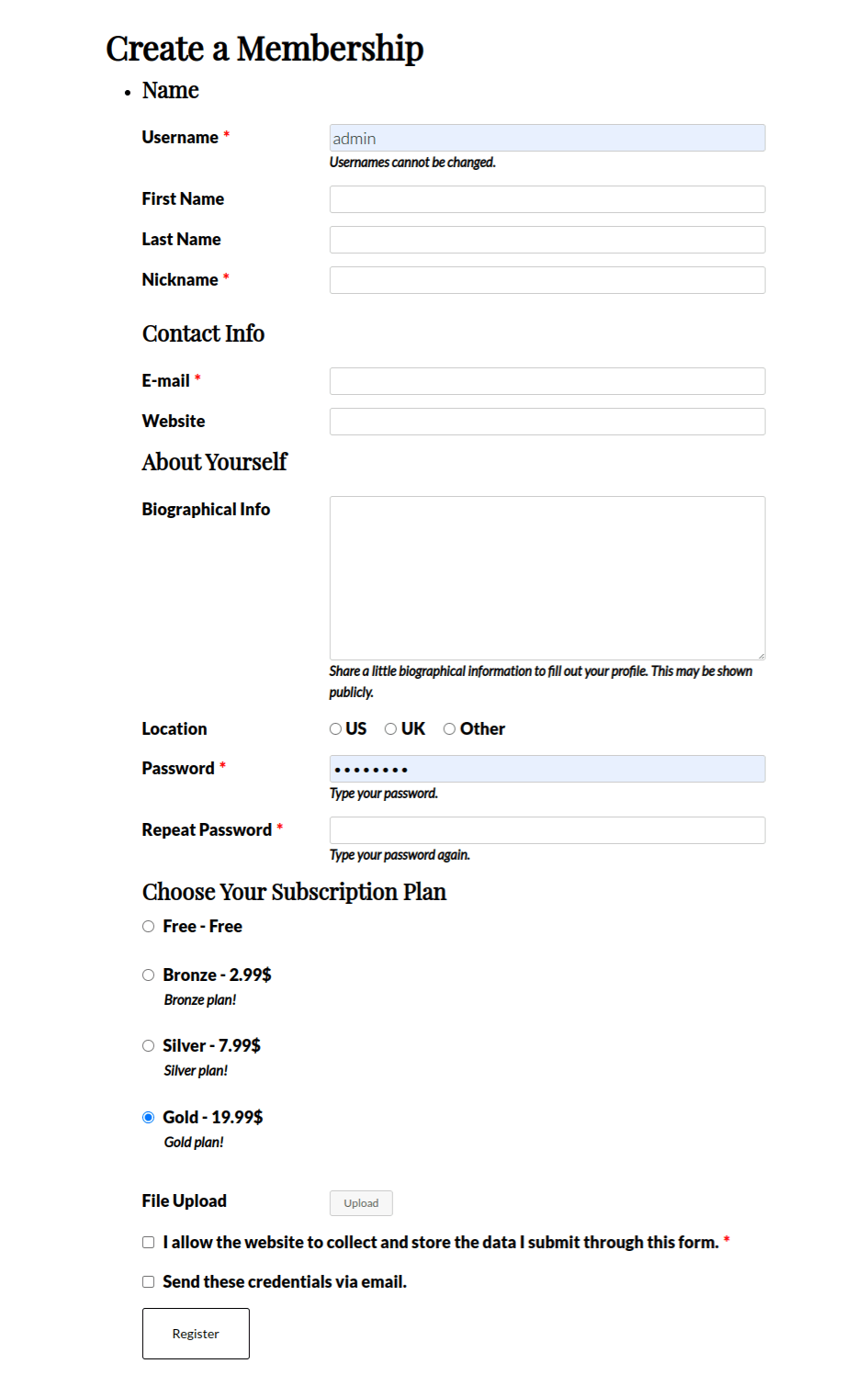 user registration page full size