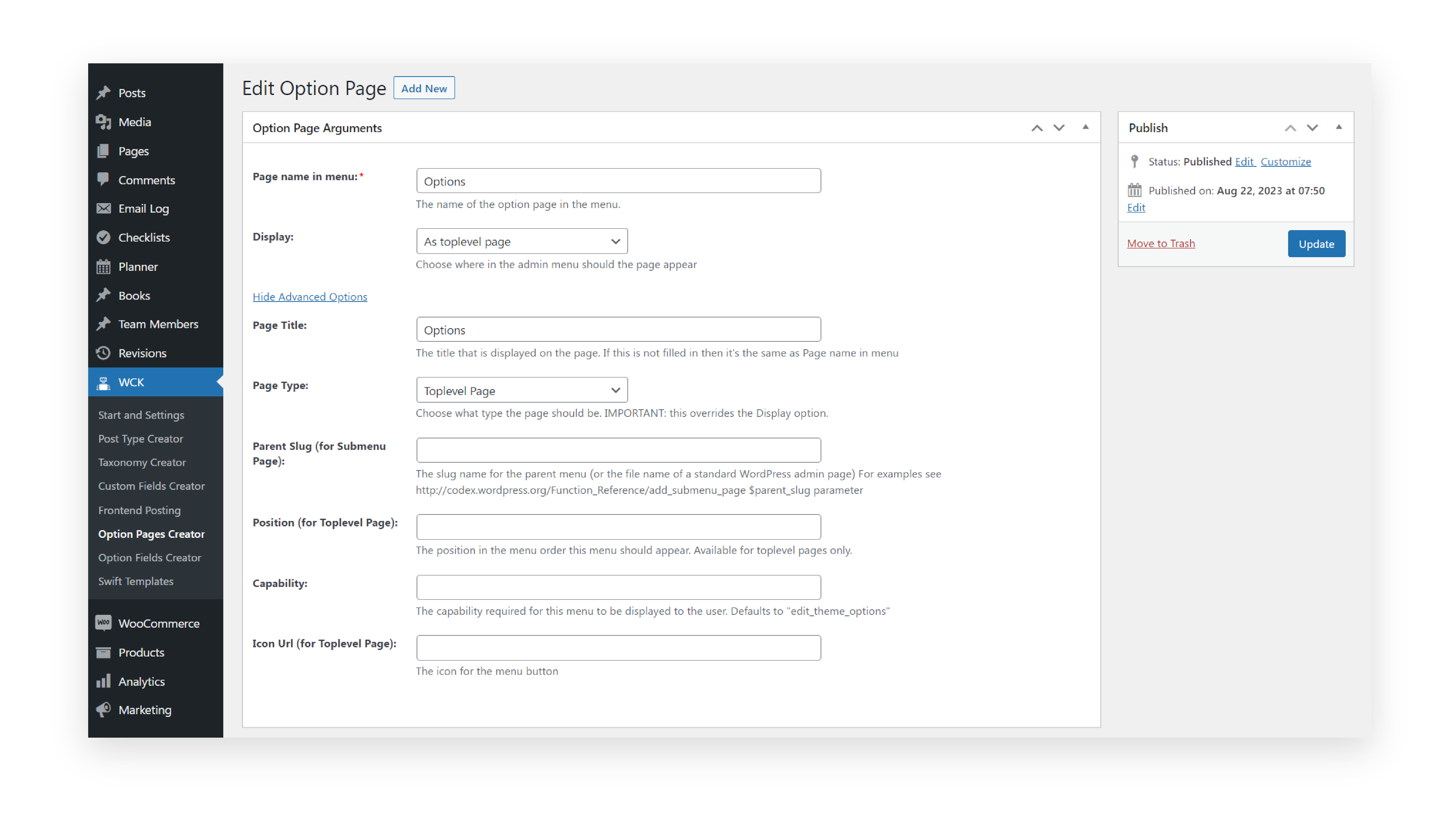 Options page creator settings page