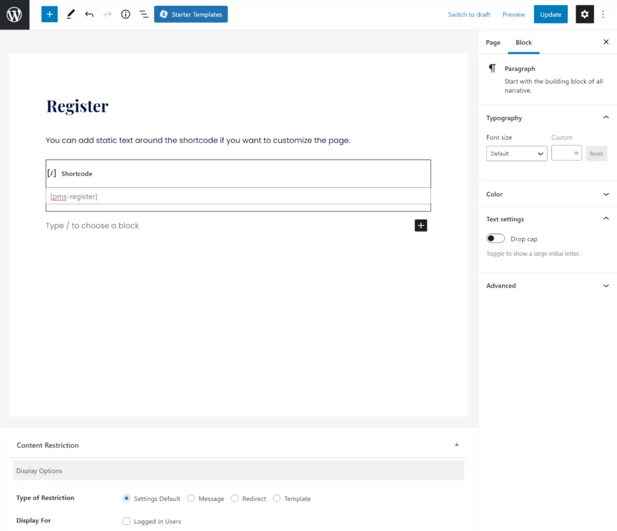 Editing a member registration page in the WordPress block editor