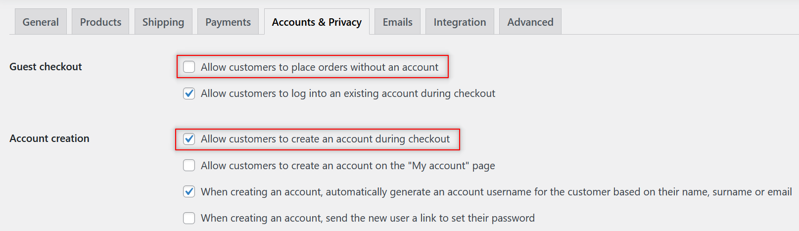 WooCommerce customer account settings