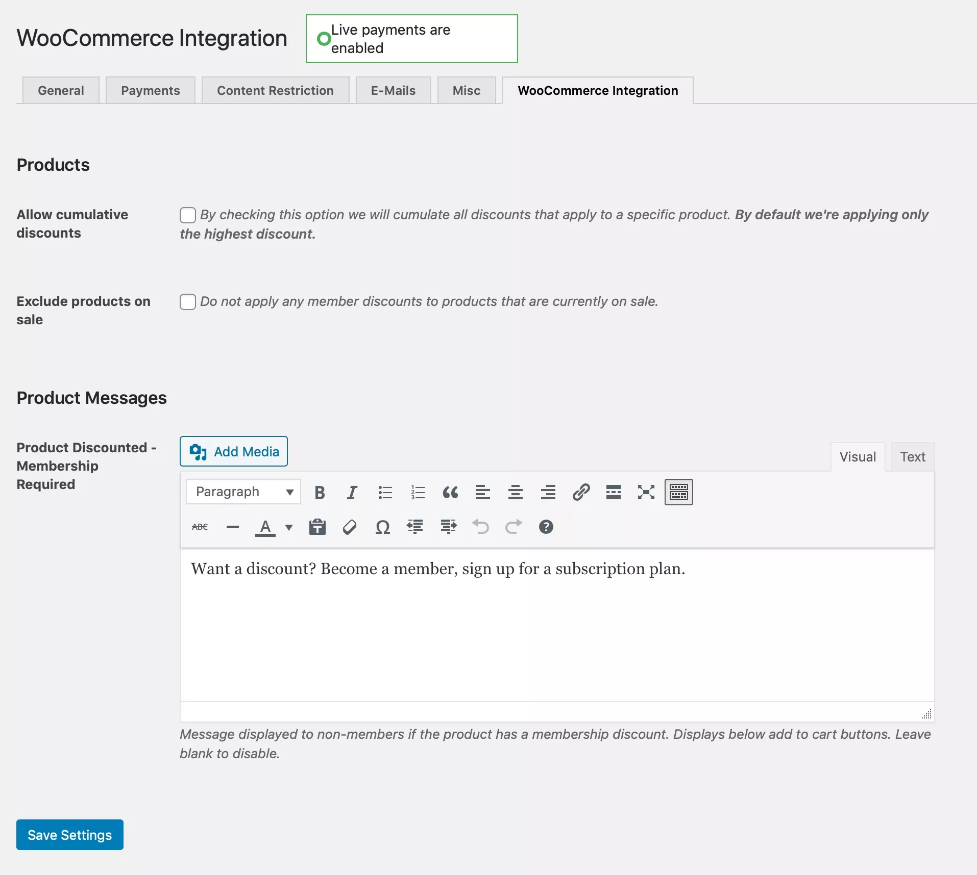 Screenshot of WooCommerce membership integration options