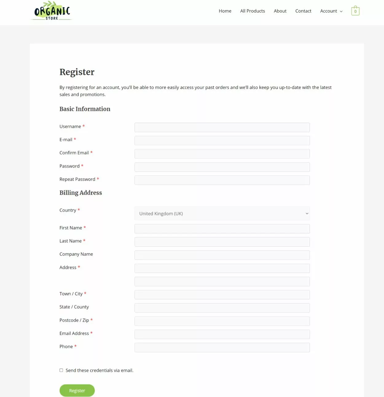 Example of a custom WooCommerce register page