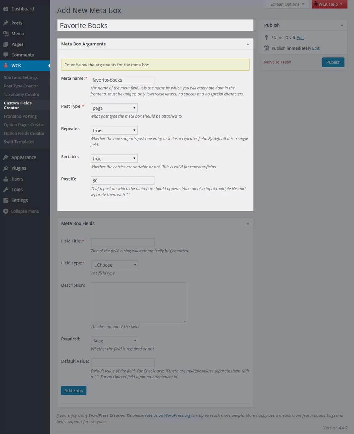 WordPress Creation Kit - Custom Fields Creator feature