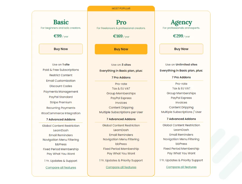 paid member subscriptions pricing table